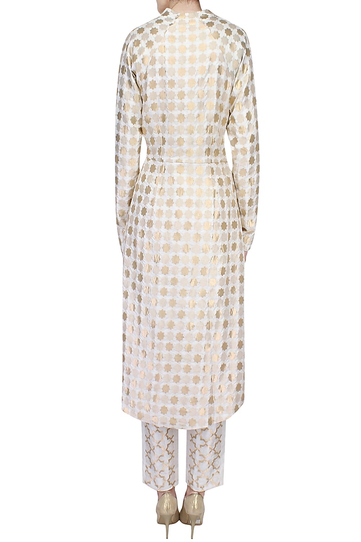 White brocade and silk panel asymmetric jacket available only at Pernia's Pop Up Shop.