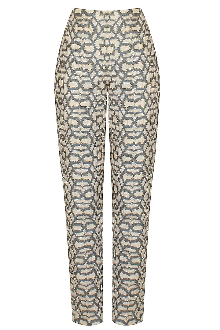 Teal printed hand embroidered pants available only at Pernia's Pop Up Shop.