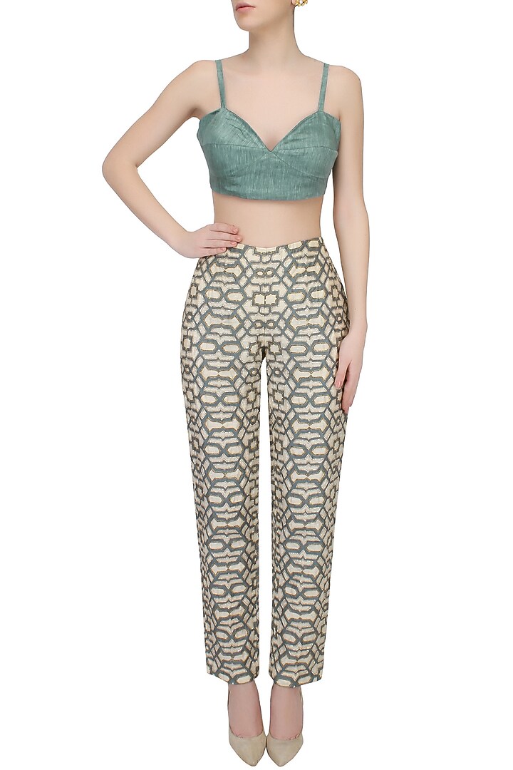 Teal printed hand embroidered pants available only at Pernia's Pop Up Shop.