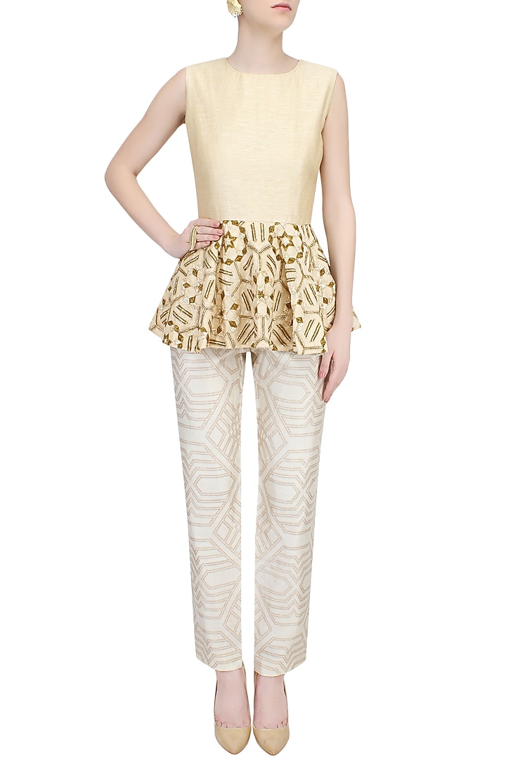 Beige geometrical embroidery peplum top available only at Pernia's Pop Up Shop.