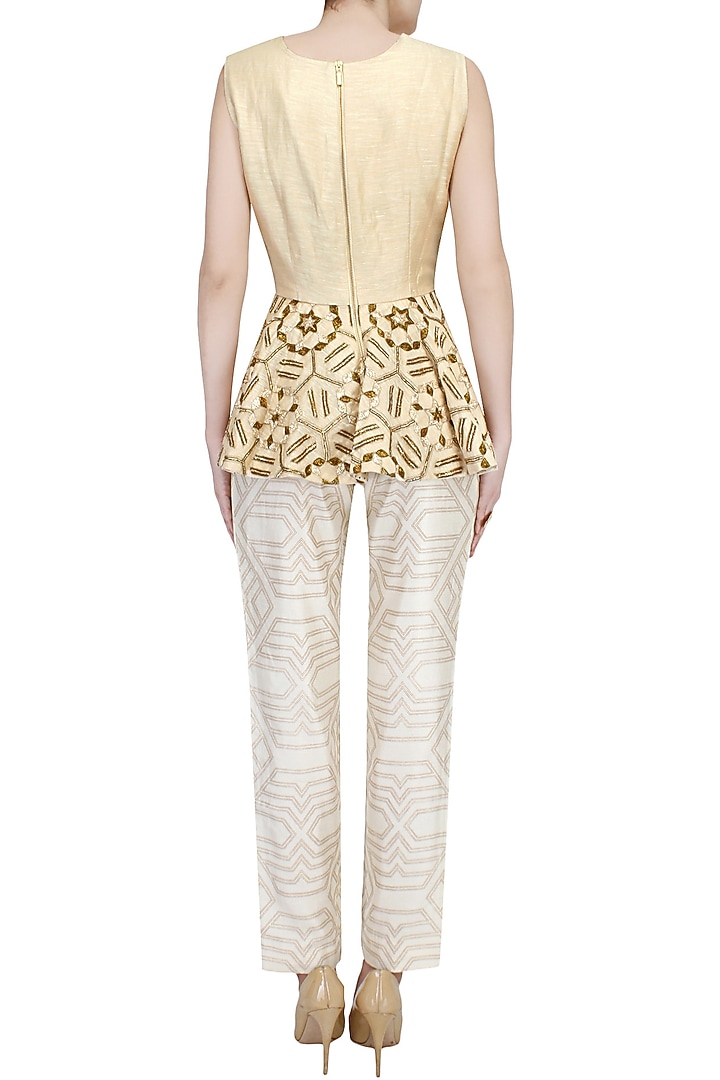 Beige geometrical embroidery peplum top available only at Pernia's Pop Up Shop.