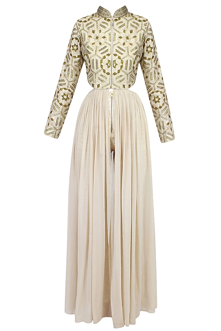 Beige Embroidered Side Cut Outs Kurta With Beige Printed Pants by SVA BY SONAM & PARAS MODI
