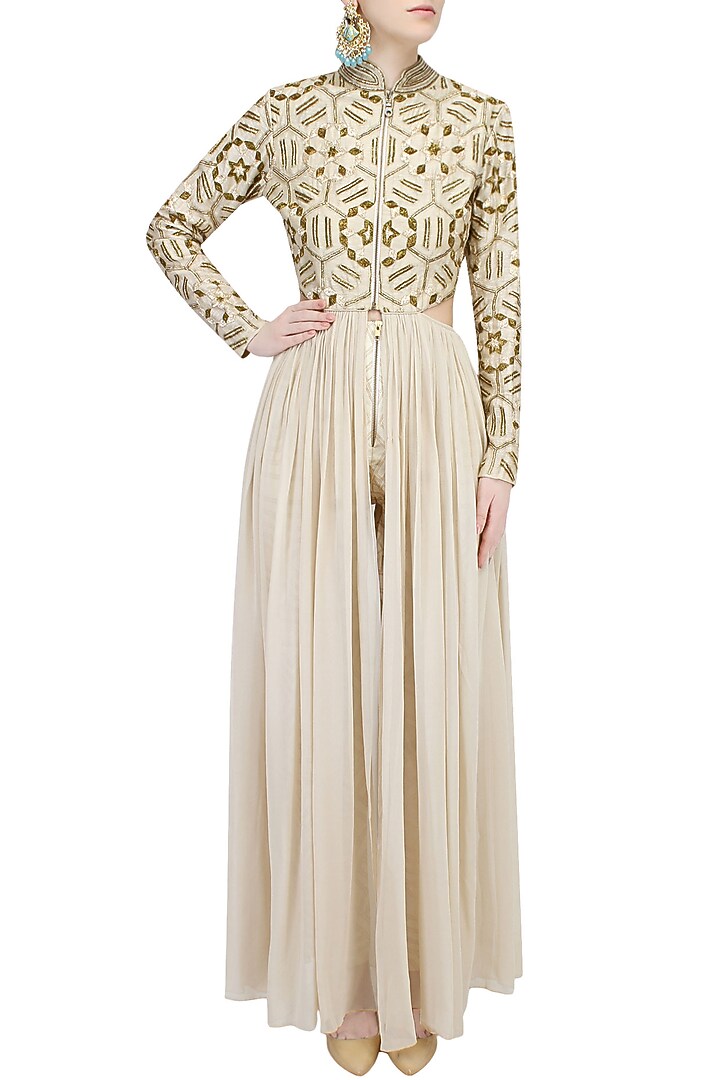 Beige embroidered side cut outs kurta with beige printed pants available only at Pernia's Pop Up Shop.
