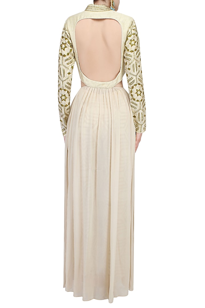 Beige embroidered side cut outs kurta with beige printed pants available only at Pernia's Pop Up Shop.