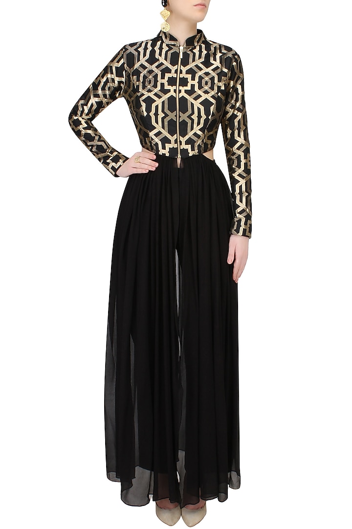 Black brocade pleated sheer flare kurta with black pants available only at Pernia's Pop Up Shop.
