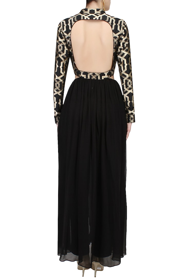 Black brocade pleated sheer flare kurta with black pants available only at Pernia's Pop Up Shop.