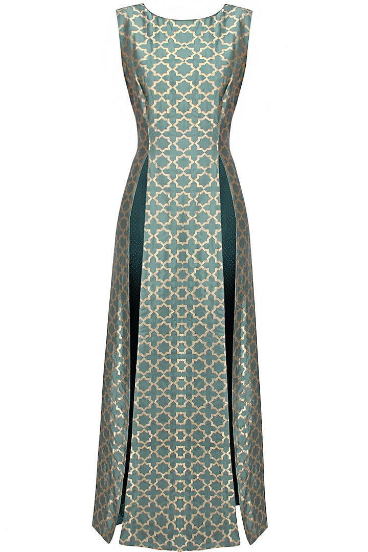 Teal Star Outline Brocade Highslit Full Length Dress by SVA BY SONAM & PARAS MODI