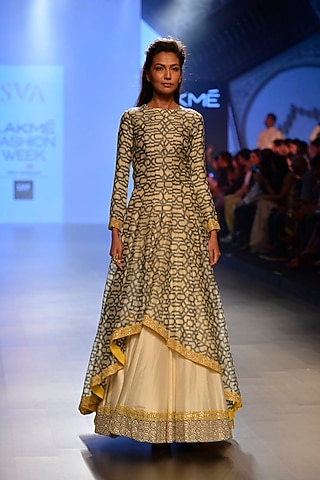 Off white and teal hand crafted border lehenga by SVA BY SONAM & PARAS MODI