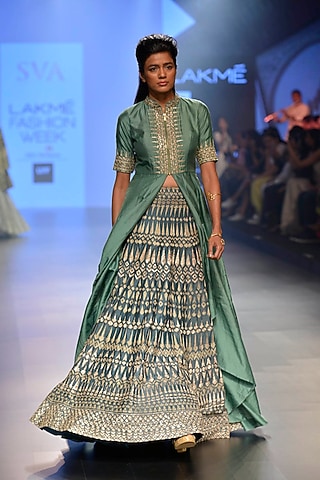 Teal blue intricate hand crafted lehenga by SVA BY SONAM & PARAS MODI