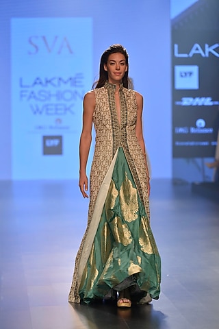 Olive bespoke lantern motif brocade lehenga by SVA BY SONAM & PARAS MODI