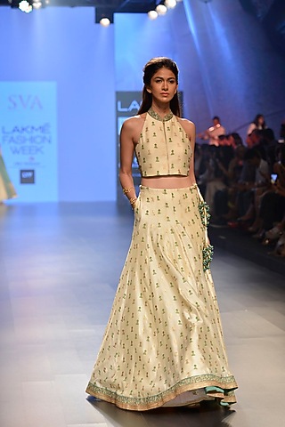 Beige Cotton Silk Moroccan Printed Lehenga Set by SVA BY SONAM & PARAS MODI