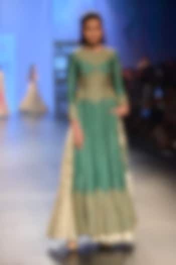 Olive green and beige gold embellished kurta with moroccan print lehenga available only at Pernia's Pop Up Shop.