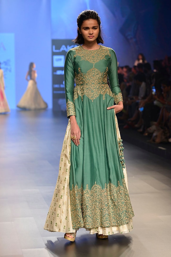 Olive green and beige gold embellished kurta with moroccan print lehenga available only at Pernia's Pop Up Shop.