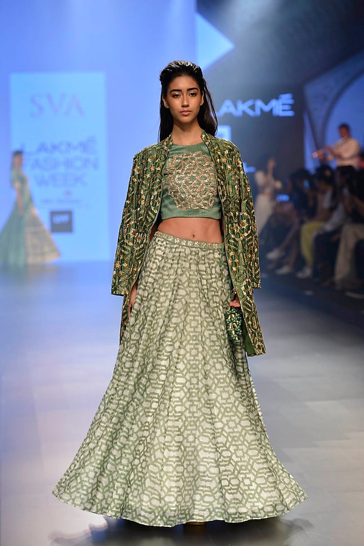 Olive intricate embroiderd front open jacket by SVA BY SONAM & PARAS MODI