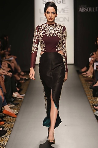 Black and wine embroidered cutout dress by SVA BY SONAM & PARAS MODI