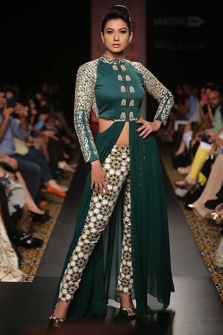 Emerald green cut out floor length dress with printed pants by SVA BY SONAM & PARAS MODI