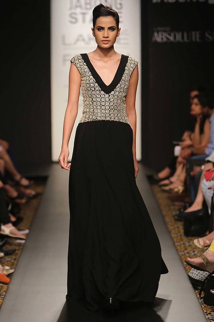 Black zardosi embroidered floor length gown available only at Pernia's Pop-Up Shop.