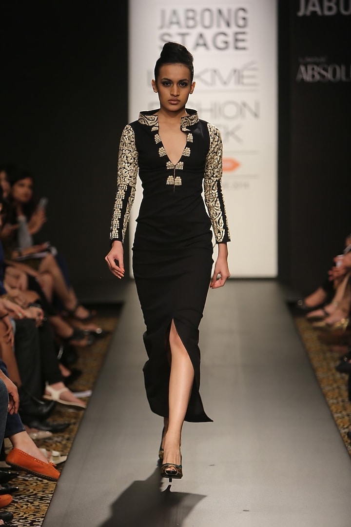 Black pitta embroidered narrow dress available only at Pernia's Pop-Up Shop.