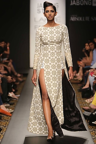 Black and white quilted high slit floor length dress by SVA BY SONAM & PARAS MODI