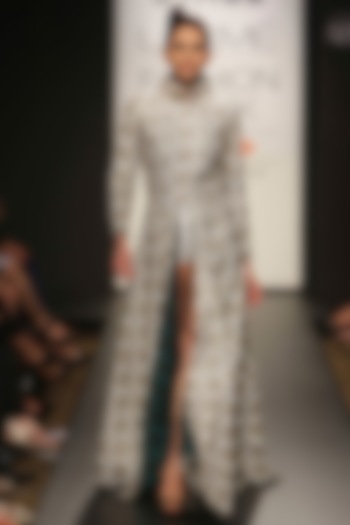 Black and white embroidered front open floor length dress available only at Pernia's Pop-Up Shop.
