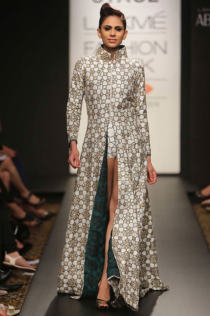 Black and white embroidered front open floor length dress available only at Pernia's Pop-Up Shop.