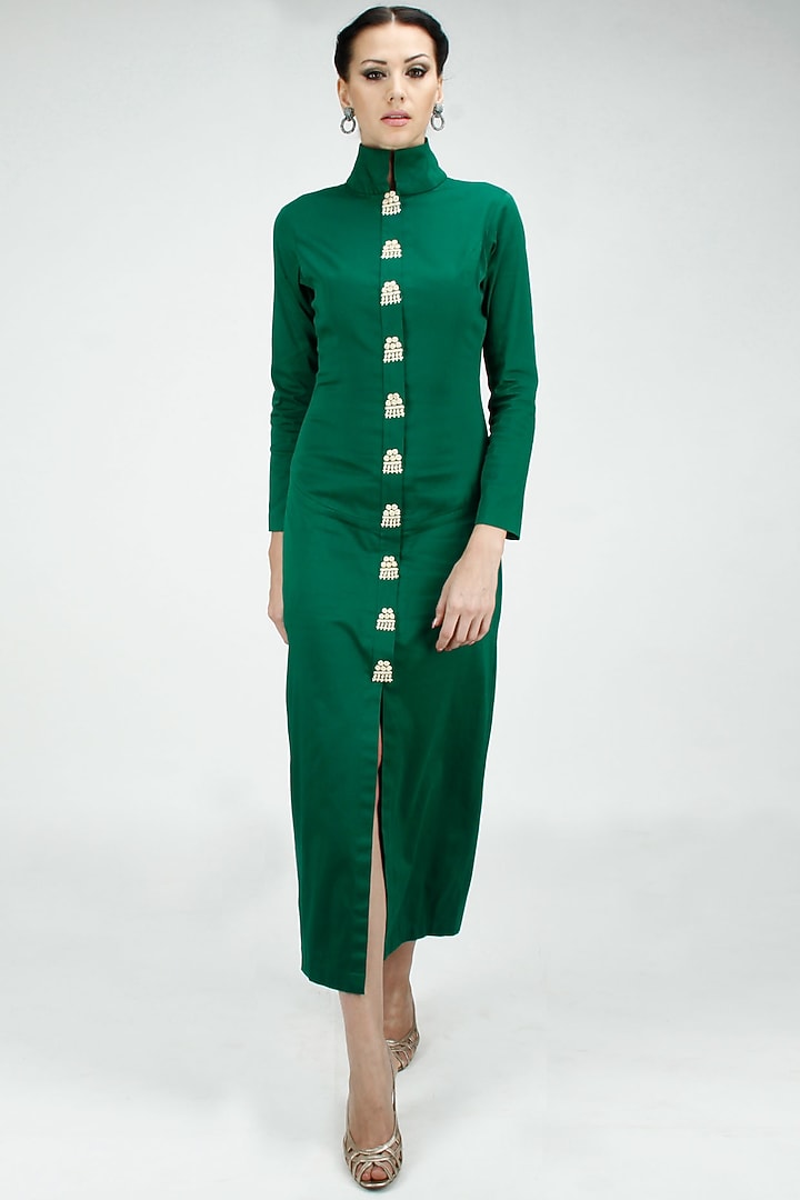Emerald green zardosi embroidered dress by SVA BY SONAM & PARAS MODI at Pernia's Pop Up Shop