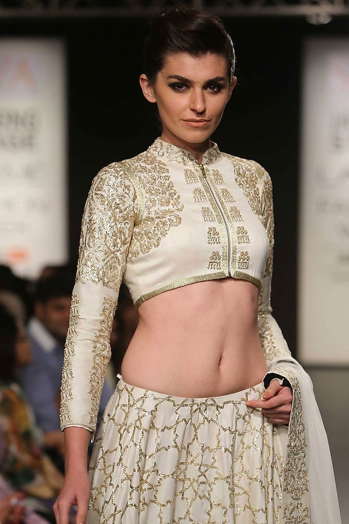 Off white zardosi and pitta embroidered lehenga set available only at Pernia's Pop-Up Shop.