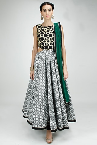 Black and white embroidered cut out anarkali with green dupatta by SVA BY SONAM & PARAS MODI