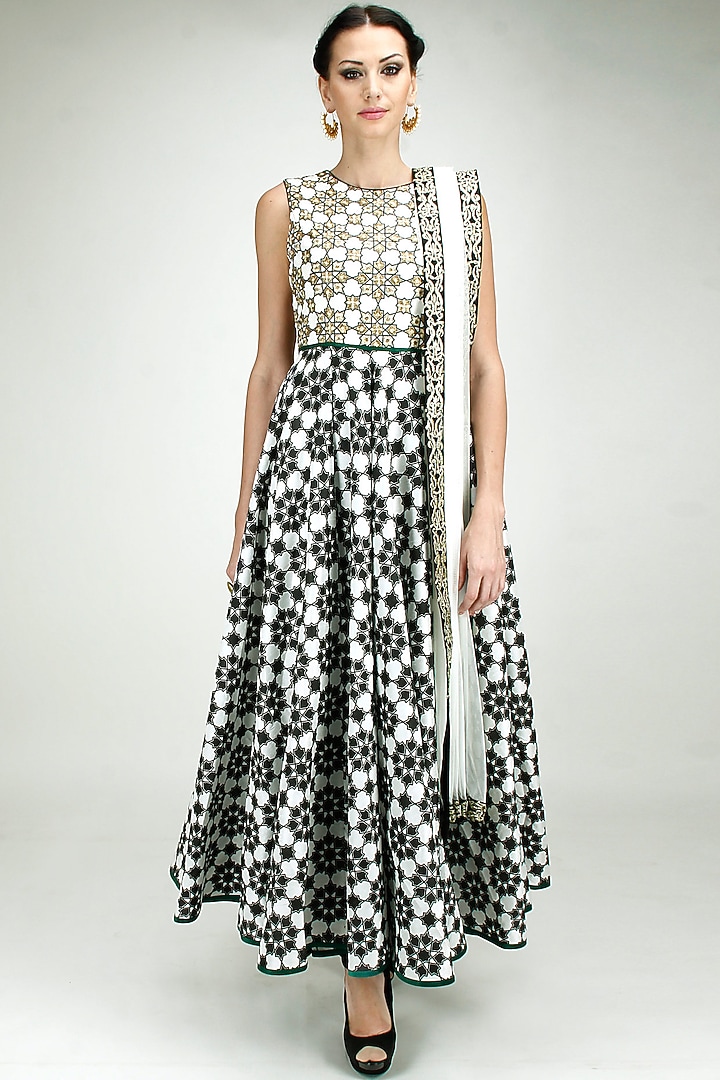 Black and white print on print pitta embroidered anarkali available only at Pernia's Pop-Up Shop.