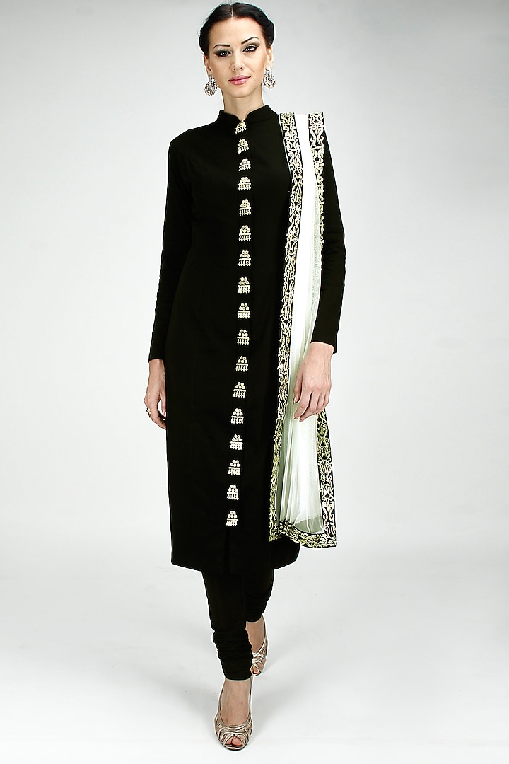 Black zardosi embroidered straight kurta set by SVA BY SONAM & PARAS MODI