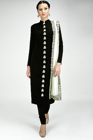 Black zardosi embroidered straight kurta set by SVA BY SONAM & PARAS MODI