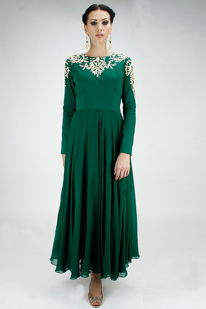 Emerald green pitta embroidered flowy anarkali available only at Pernia ...