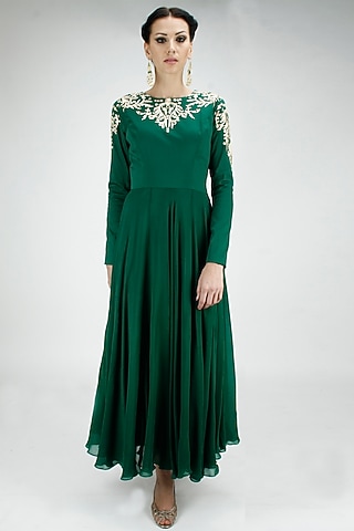 Emerald green pitta embroidered flowy anarkali by SVA BY SONAM & PARAS MODI