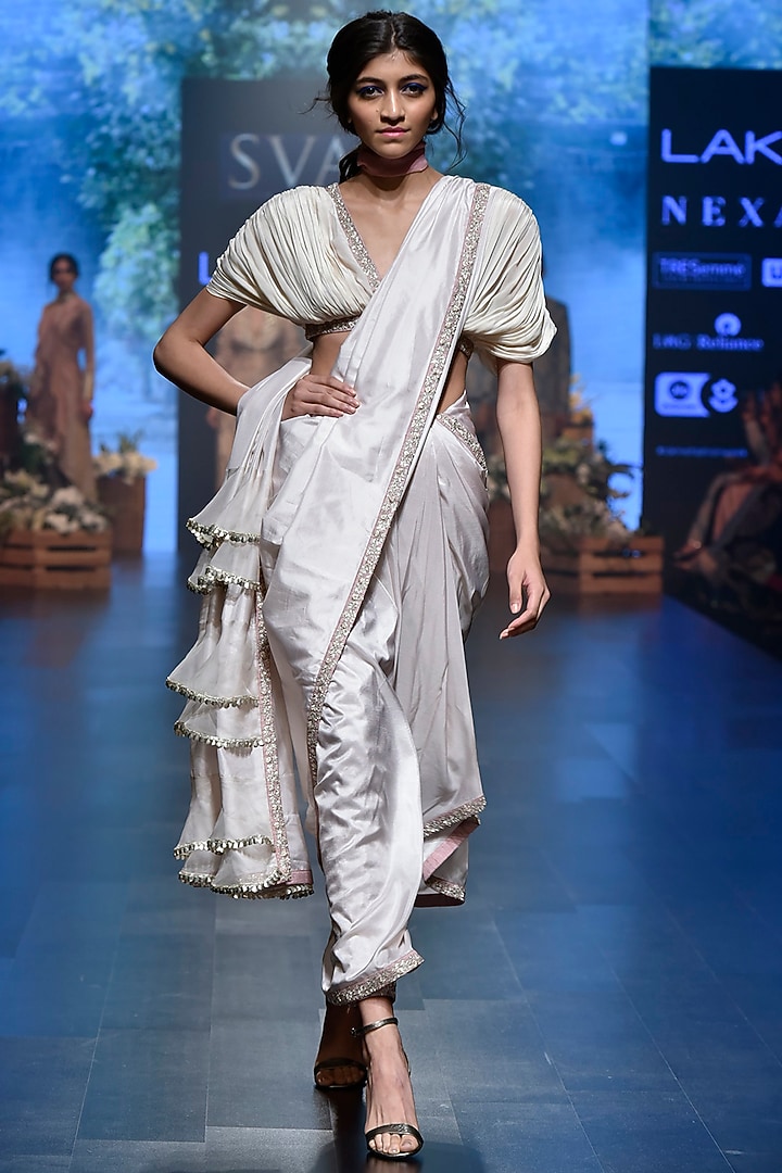 Beige Silk Zardosi Embroidered Draped Pant Reception Saree Set by SVA BY SONAM & PARAS MODI at Pernia's Pop Up Shop