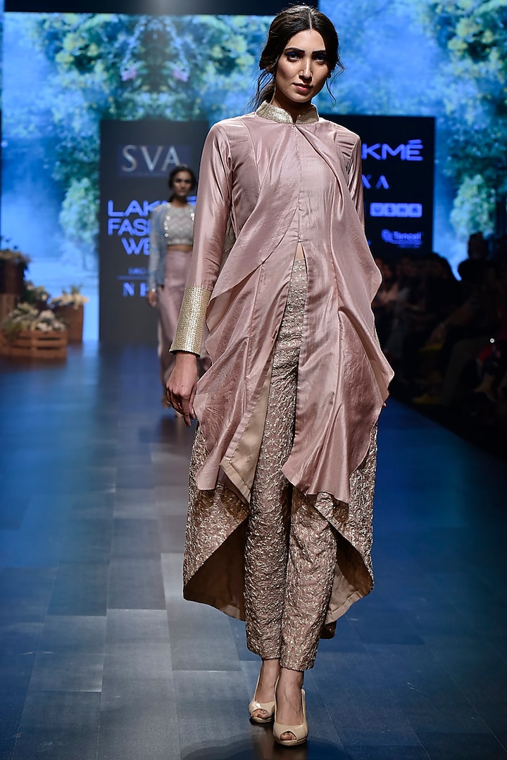 Pink Embroidered Cascade Jacket With Pants by SVA BY SONAM & PARAS MODI