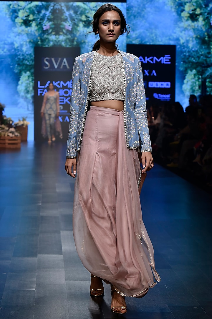 Pink Embroidered Chevron Crop Top with Skirt & Denim Jacket by SVA BY SONAM & PARAS MODI