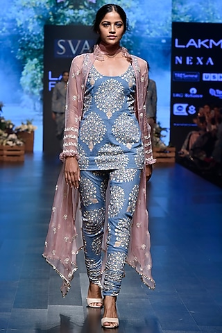 Blue Printed Denim Kurta With Pants & Embroidered Jacket by SVA BY SONAM & PARAS MODI