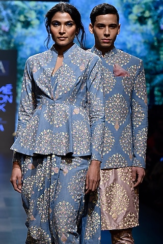 Blue Printed Denim Jacket by SVA BY SONAM & PARAS MODI Men
