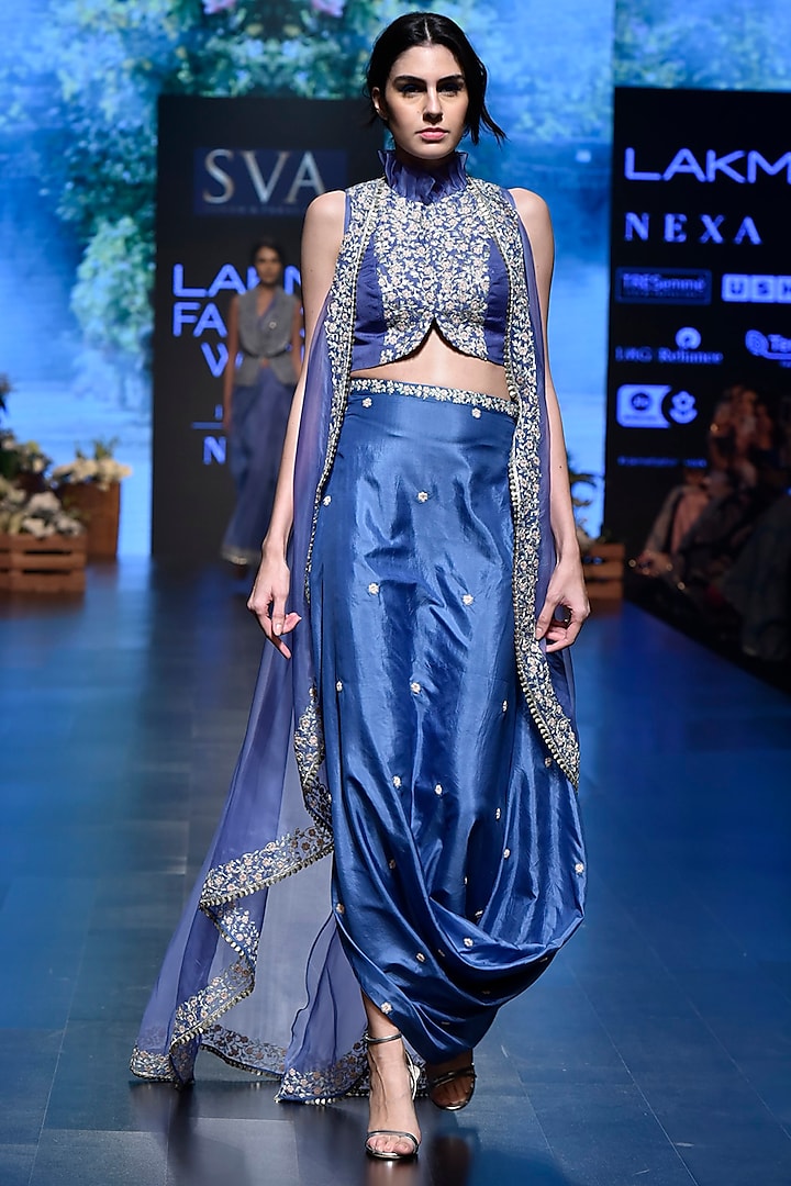 Mineral Blue Embroidered Blouse with Drape Skirt & Jacket by SVA BY SONAM & PARAS MODI