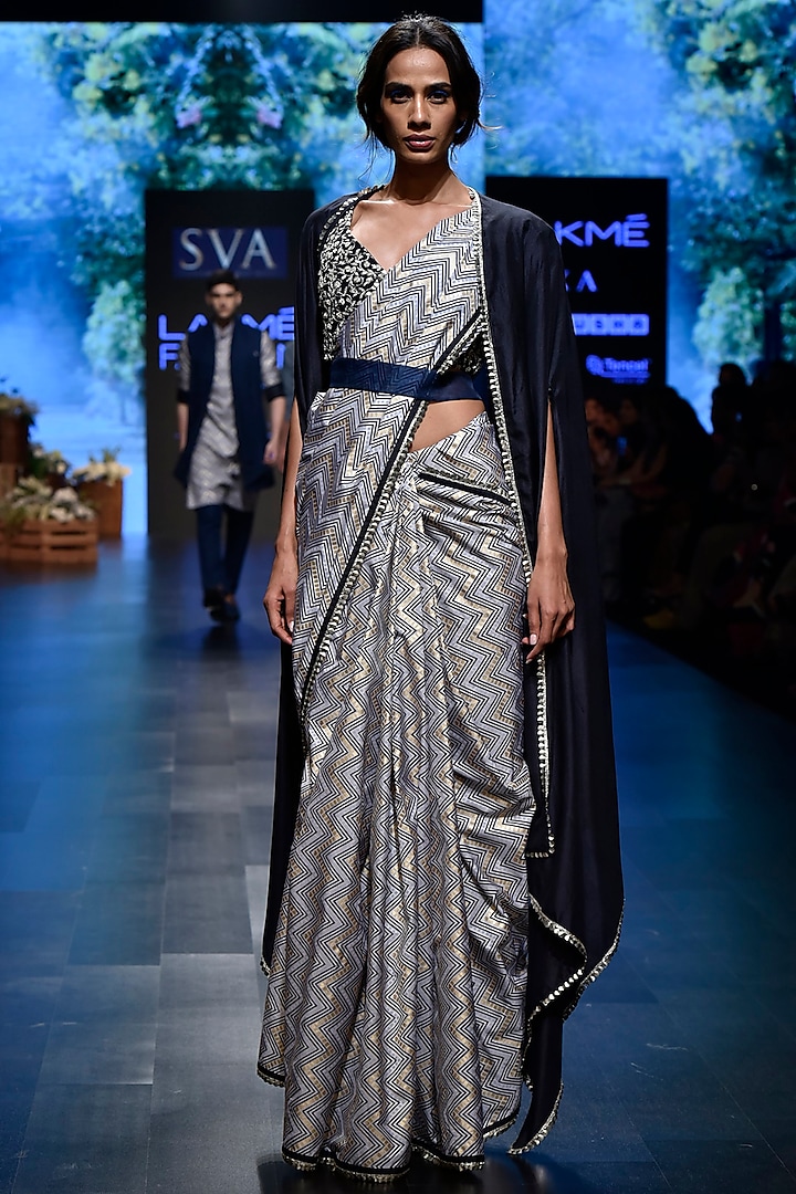 Beige Embroidered Printed Saree Set With Cape by SVA BY SONAM & PARAS MODI