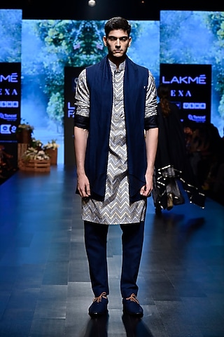 Blue Chevron Long Bundi Jacket by SVA BY SONAM & PARAS MODI Men