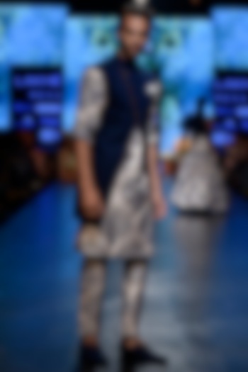 Beige & Blue Printed Kurta With Pants by SVA BY SONAM & PARAS MODI Men at Pernia's Pop Up Shop
