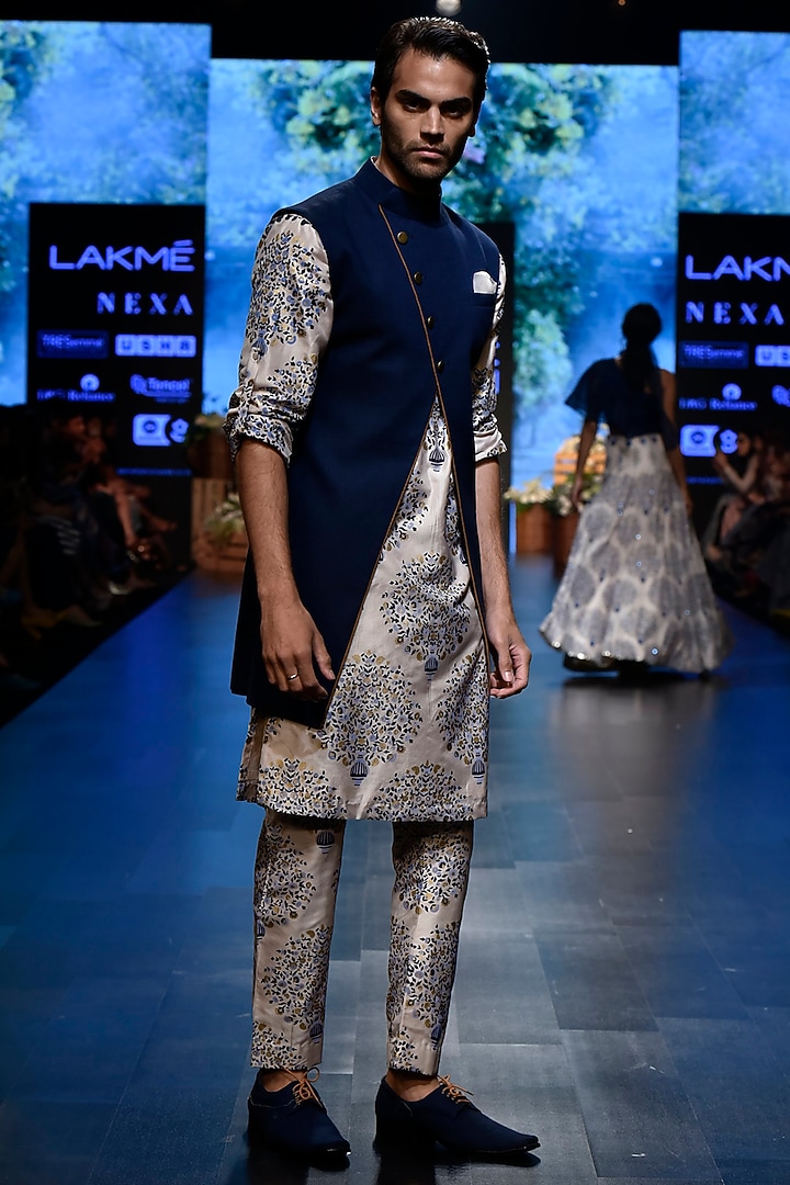 Beige & Blue Printed Kurta With Pants by SVA BY SONAM & PARAS MODI Men at Pernia's Pop Up Shop