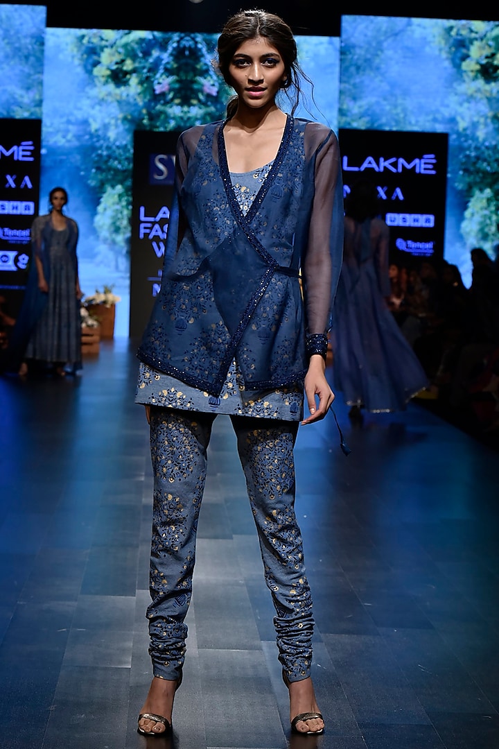 Blue Embroidered Printed Kurta With Pants & Wrap by SVA BY SONAM & PARAS MODI