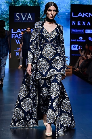 Blue Printed Denim Jacket With Kurta & Pants by SVA BY SONAM & PARAS MODI