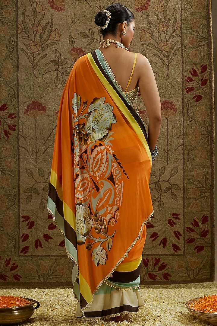 Multi-Colored Crepe Printed Cascade Wedding Saree Set by SVA BY SONAM & PARAS MODI at Pernia's Pop Up Shop