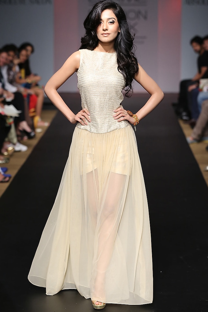Beige sheer maxi dress with shorts by SVA BY SONAM & PARAS MODI