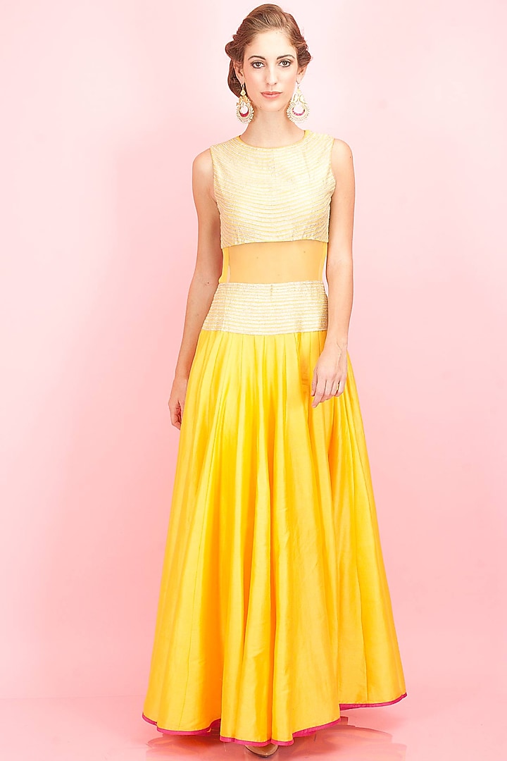 Yellow floor length dress with sheer midriff available only at Pernia's Pop-Up Shop.