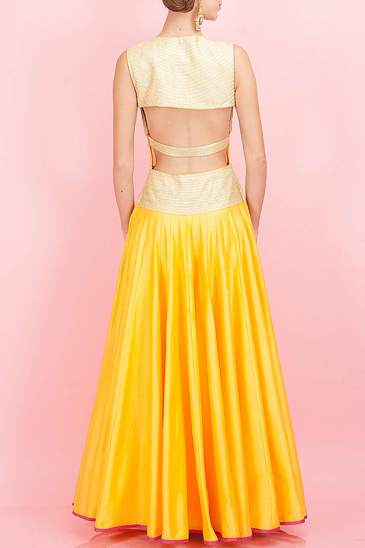 Yellow floor length dress with sheer midriff available only at Pernia's Pop-Up Shop.