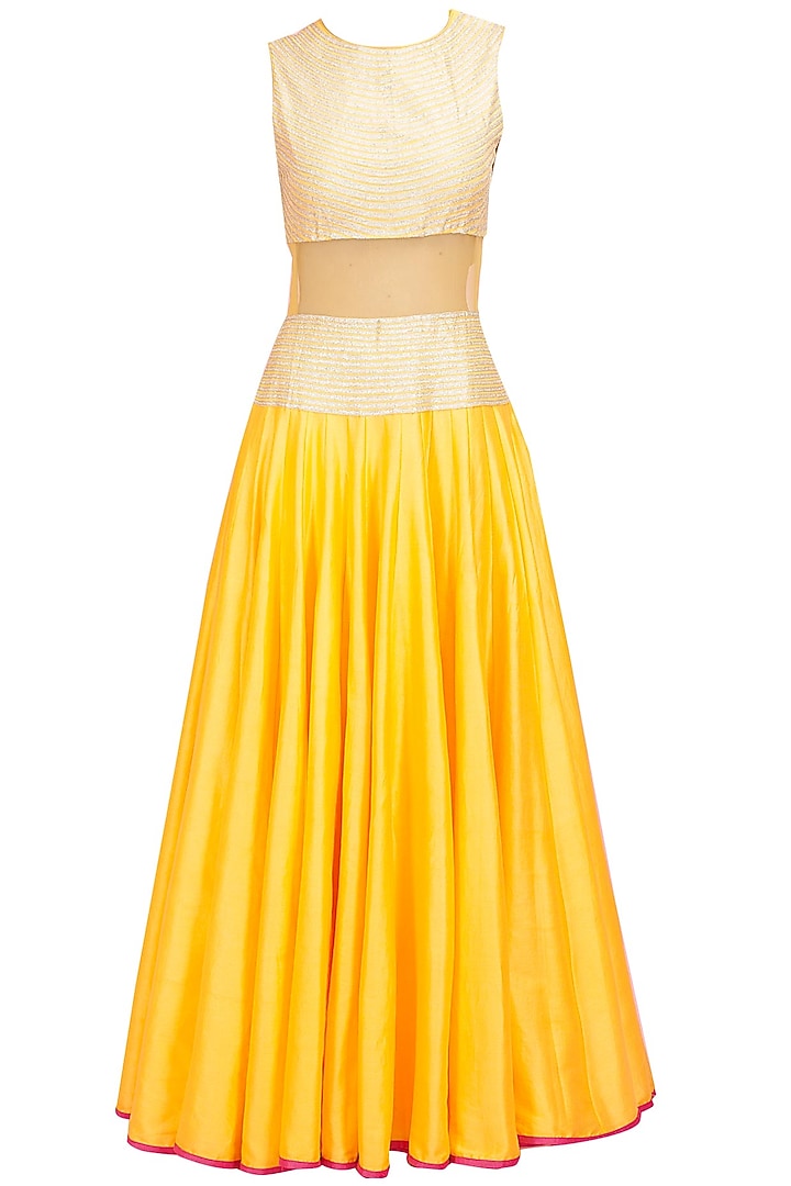 Yellow floor length dress with sheer midriff available only at Pernia's Pop-Up Shop.
